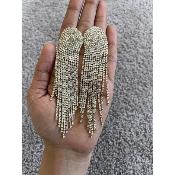 Large clear earrings fringe gold tone  bridal  big , oversized crystal earrings - Picture 3 of 9